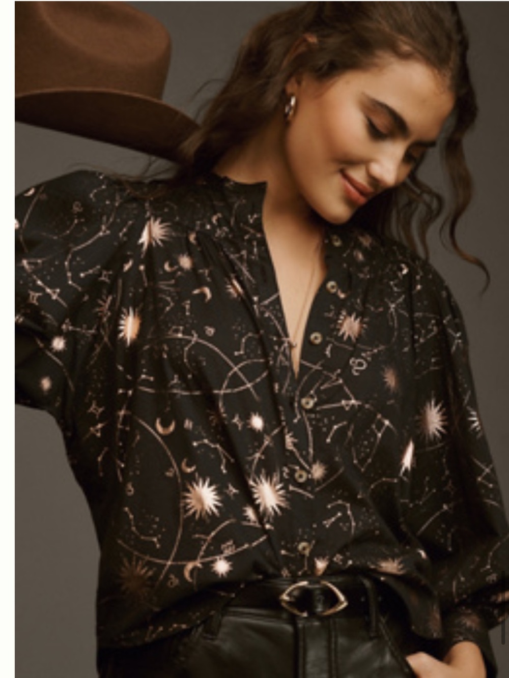 Anthropologie Black Button-Down w Metallic Star Print in rose gold small NWT
